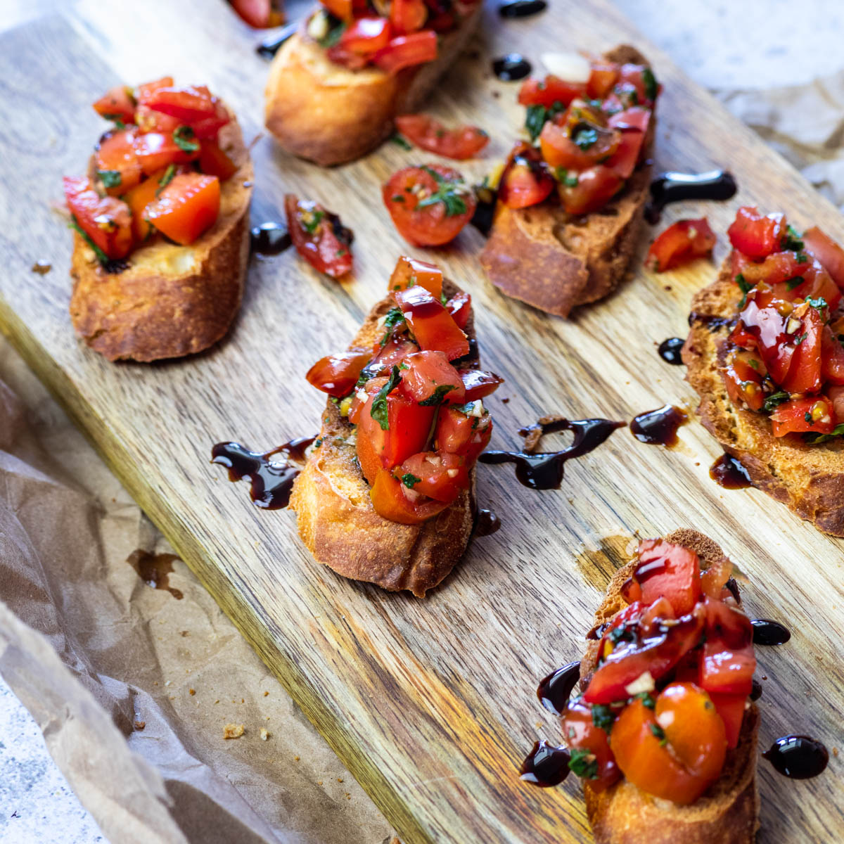 Close up of the vegan bruschetta crostini