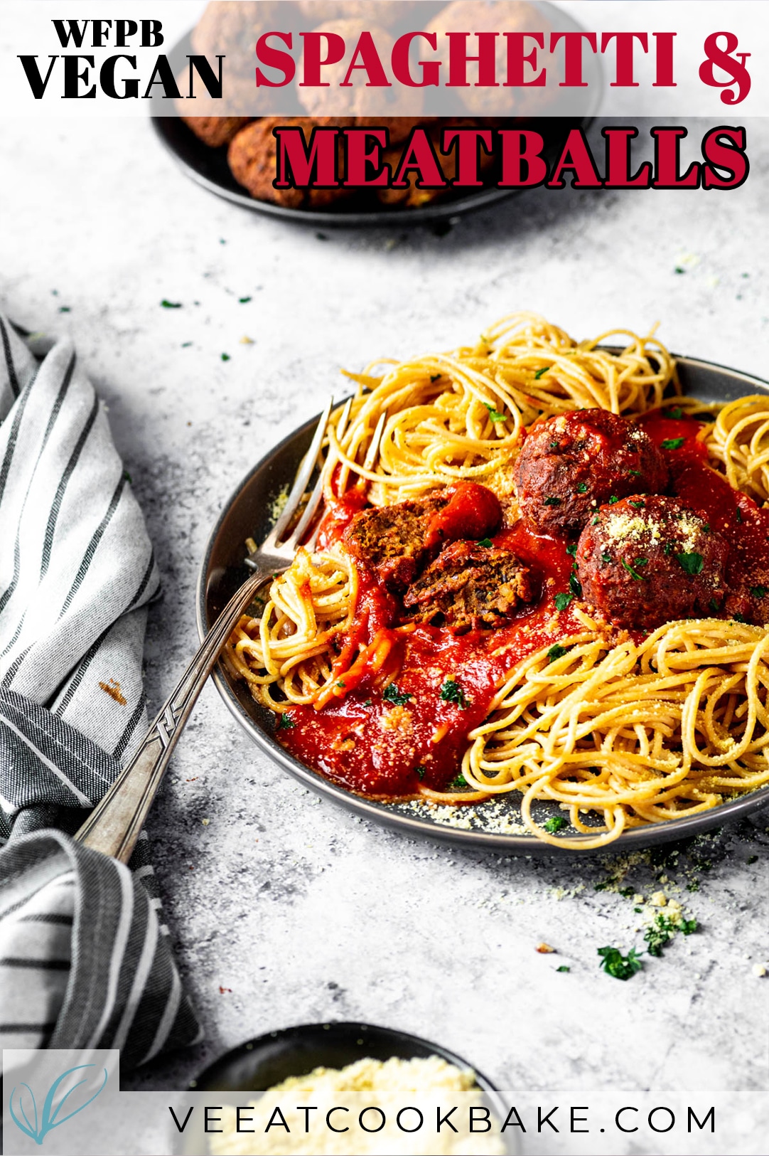 Vegan Meatballs and Spaghettis served on a plate with text layover