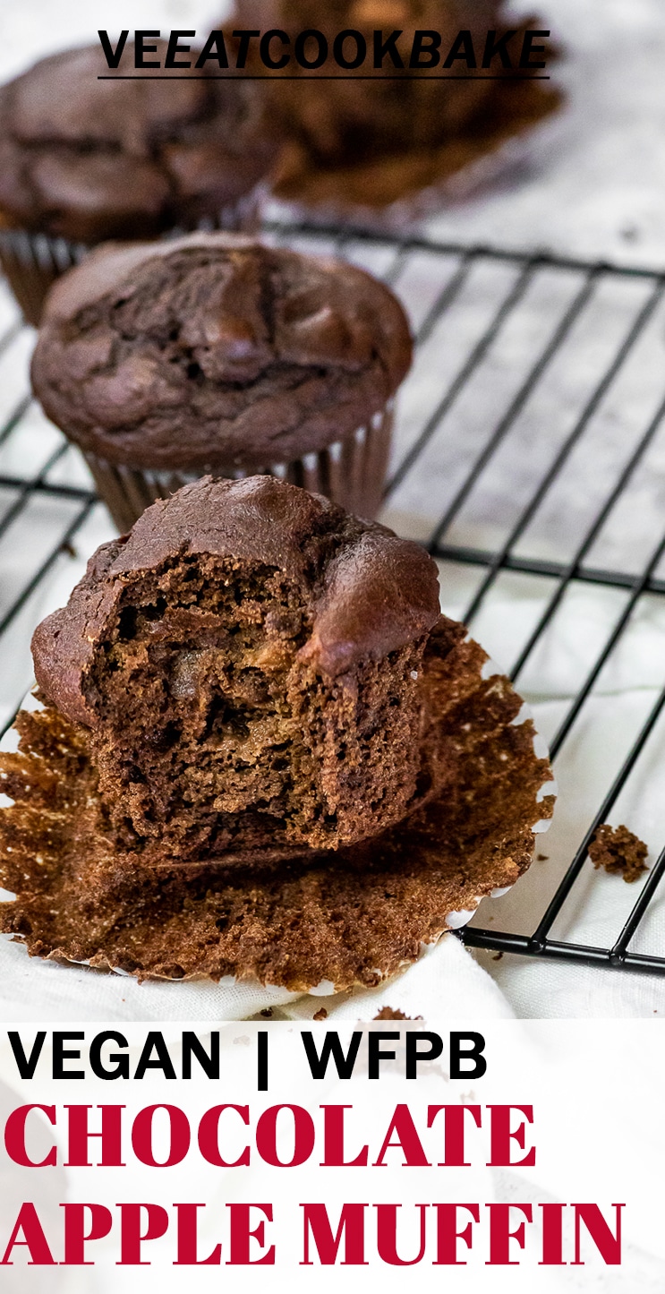 Fluffy vegan apple chocolate muffins on a wire rack with text.