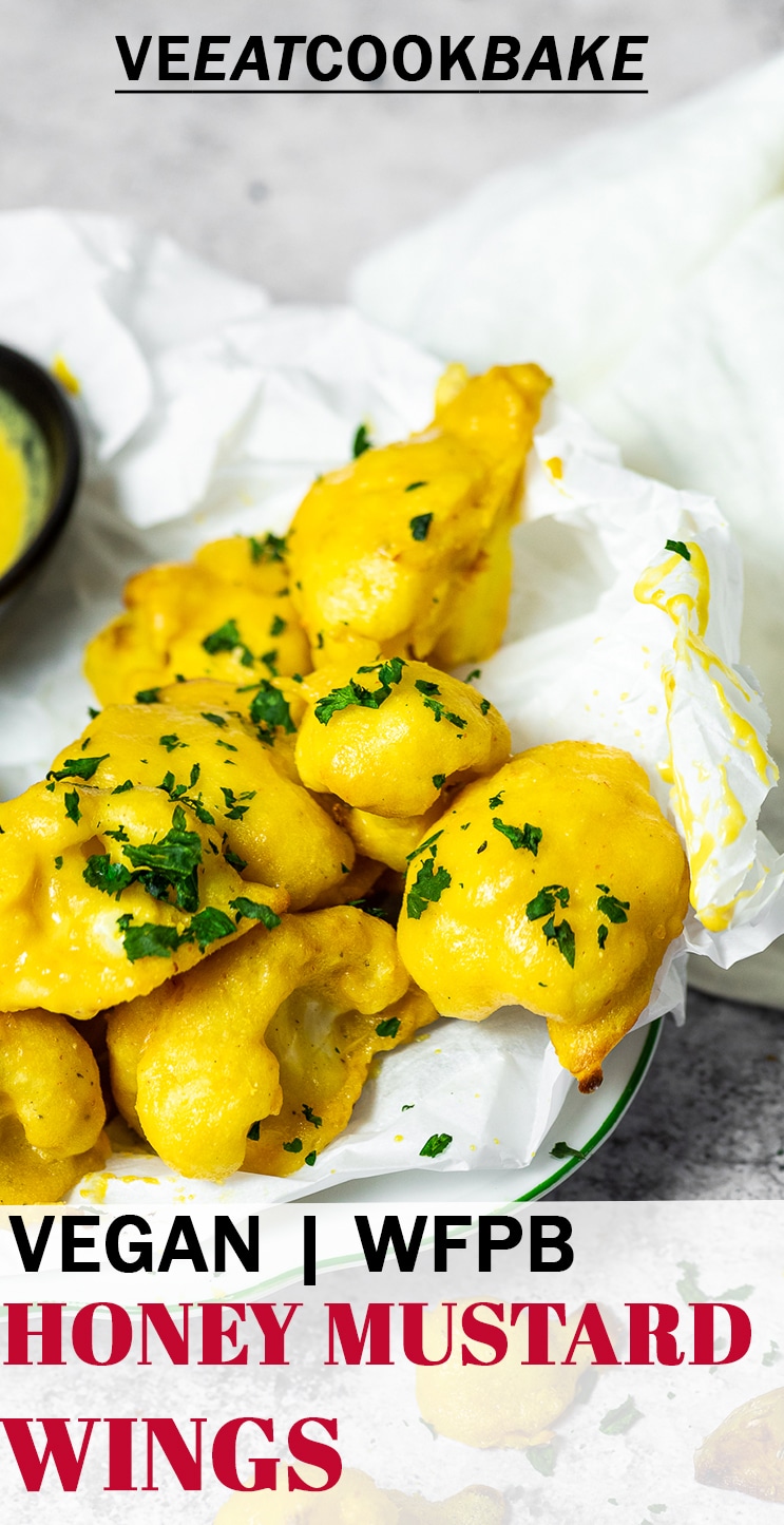 Vegan Honey Mustard Cauliflower Wings on a serving plate with text