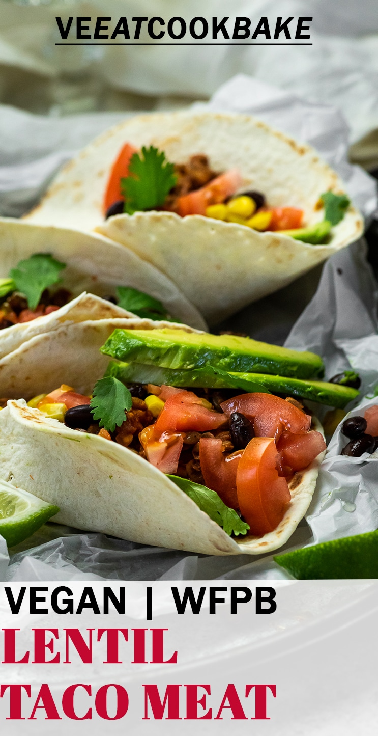 3 vegan lentil Tacos on a serving plate with text