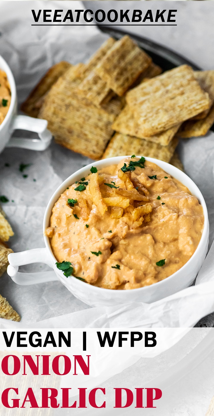 Onion Garlic Dip served in a cup for dipping with some cracker and text.