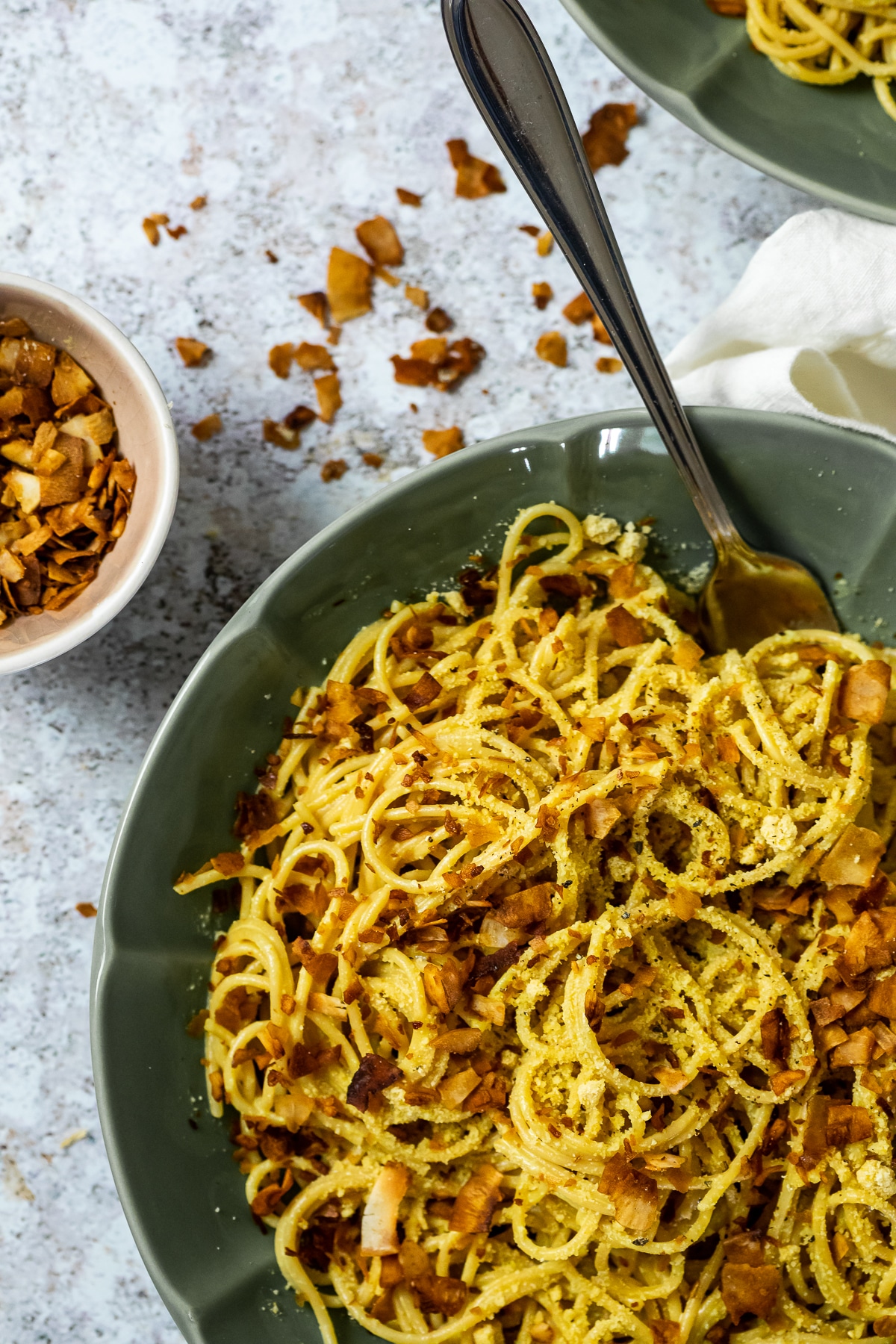 Bird View of a plate with carbonara.