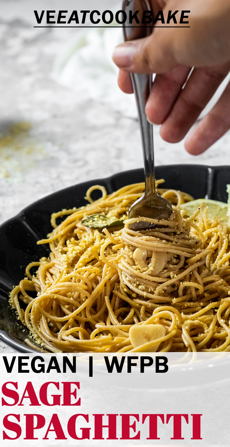 Holding a fork with spaghetti in sage sauce with text