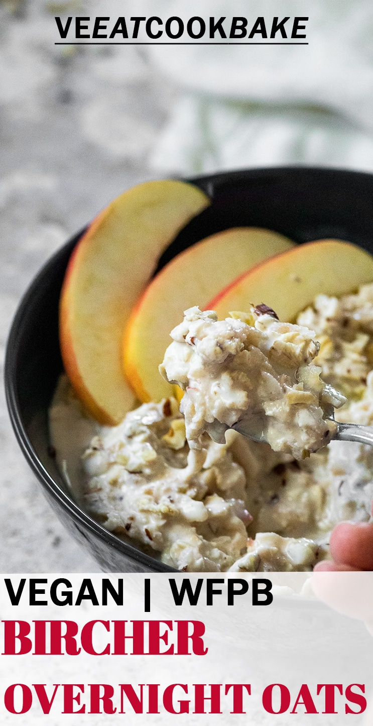 Holding a spoon with bircher muesli over a bowl with text