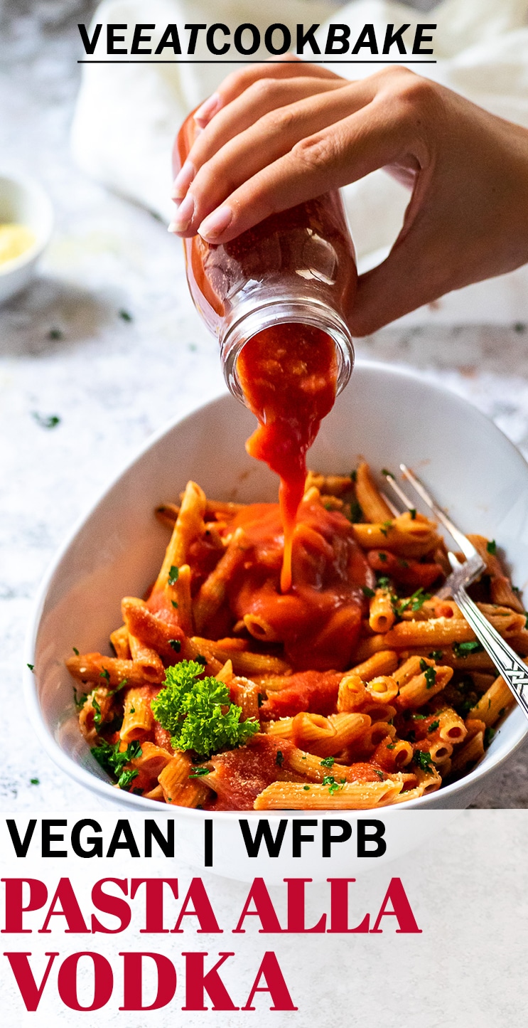 Pouring a tomato vodka sauce over penne with text