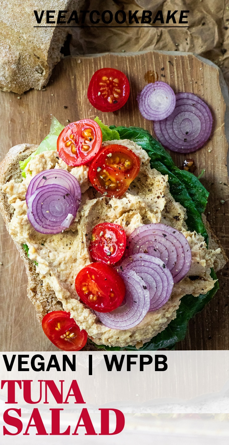 Vegan tuna salad toast on a board with text