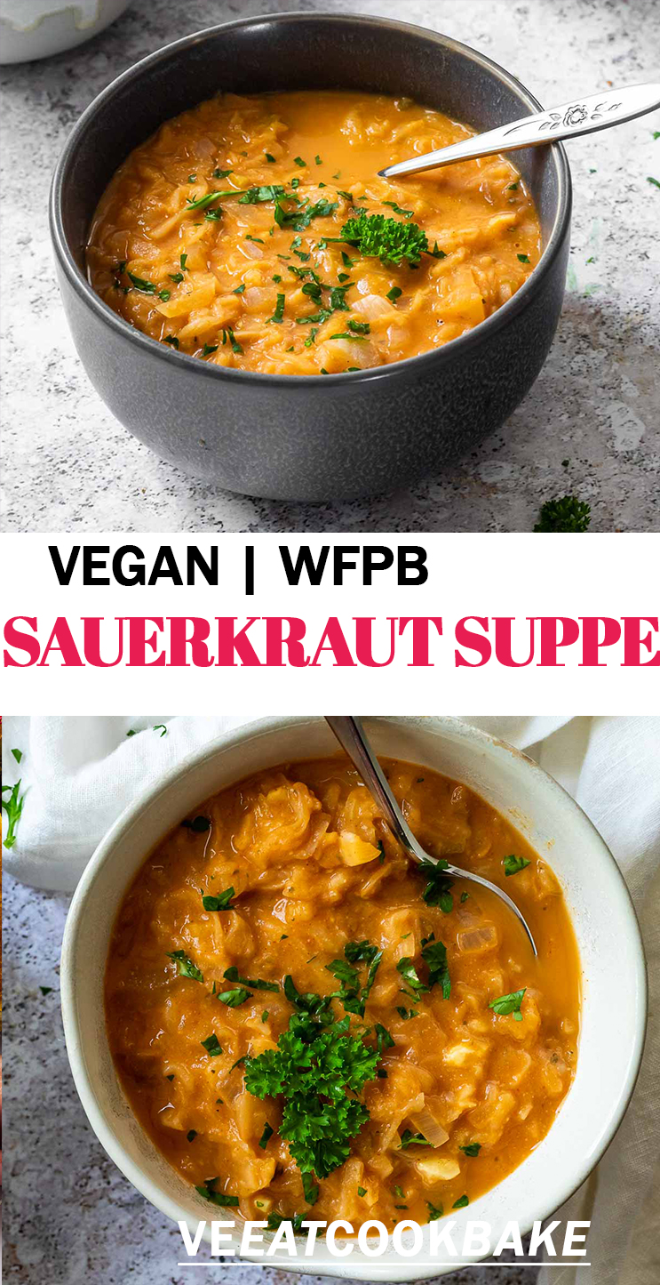 Zwei Fotos der veganen Sauerkrautsuppe mit Text.
