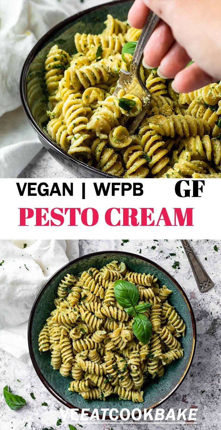 Two photos of the vegan pesto cream sauce with pasta and text