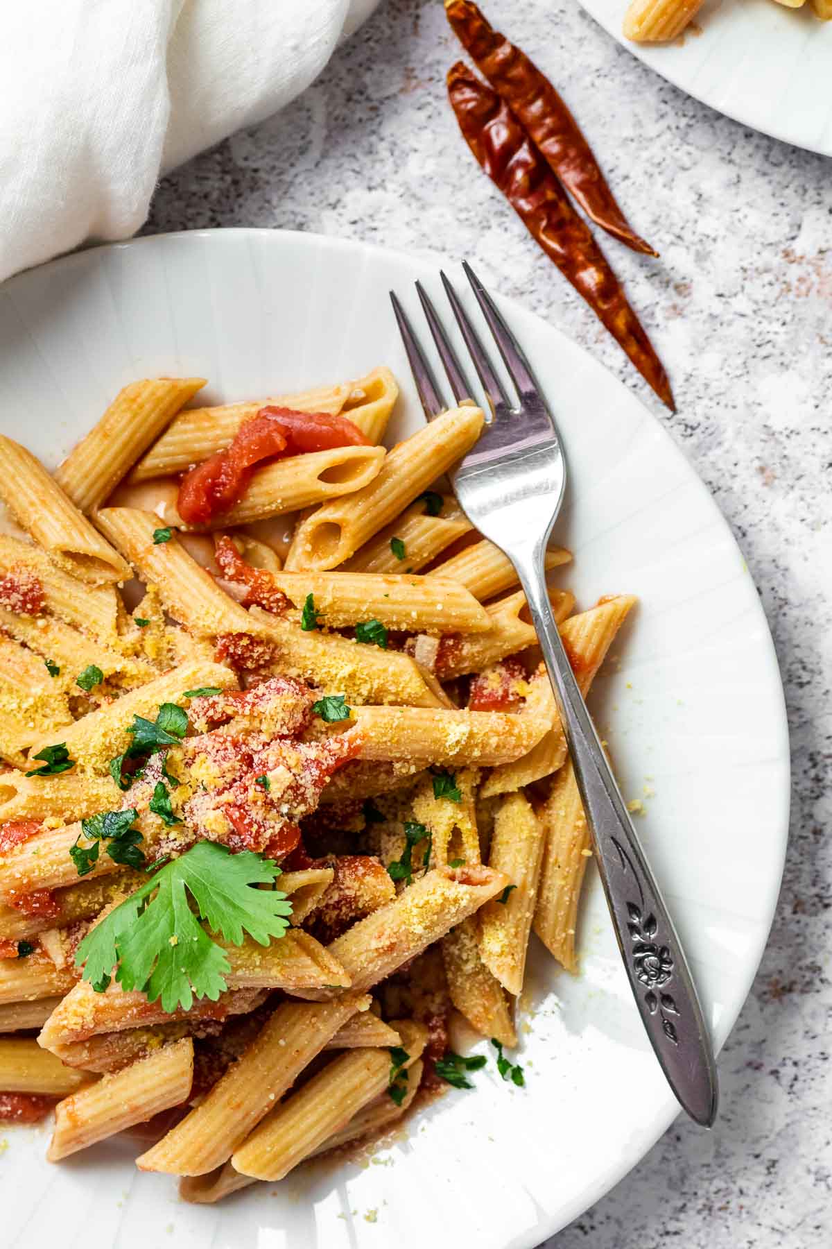 Nahaufnahme eines Tellers mit veganer Arrabiata-Sauce und Penne.