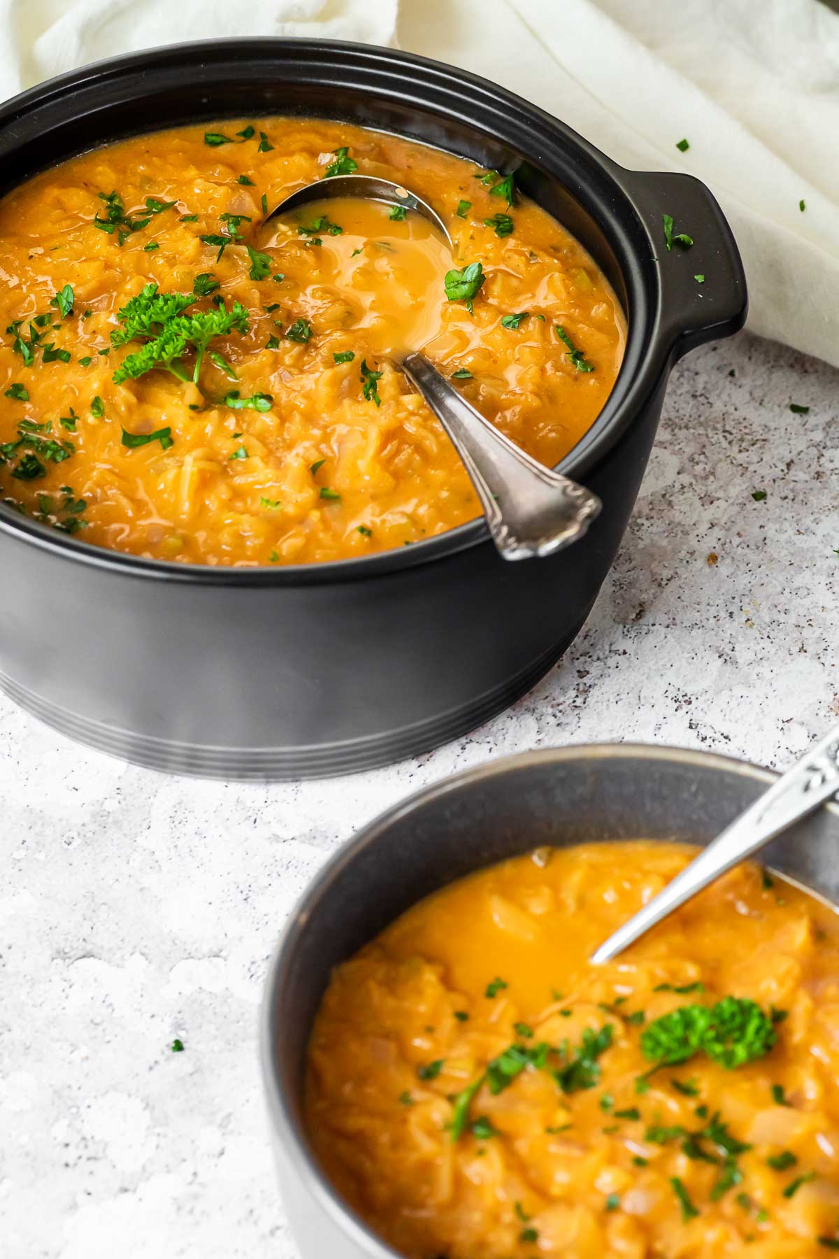 close up of the pot with sauerkraut soup