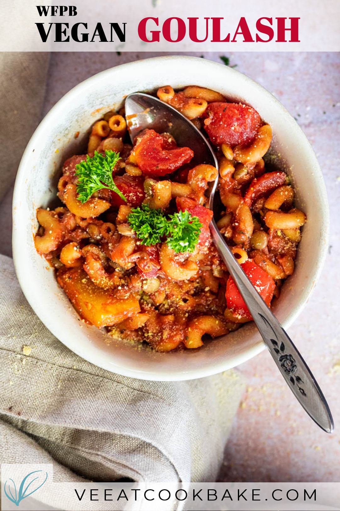 Graphic of vegan american goulash with text to pin