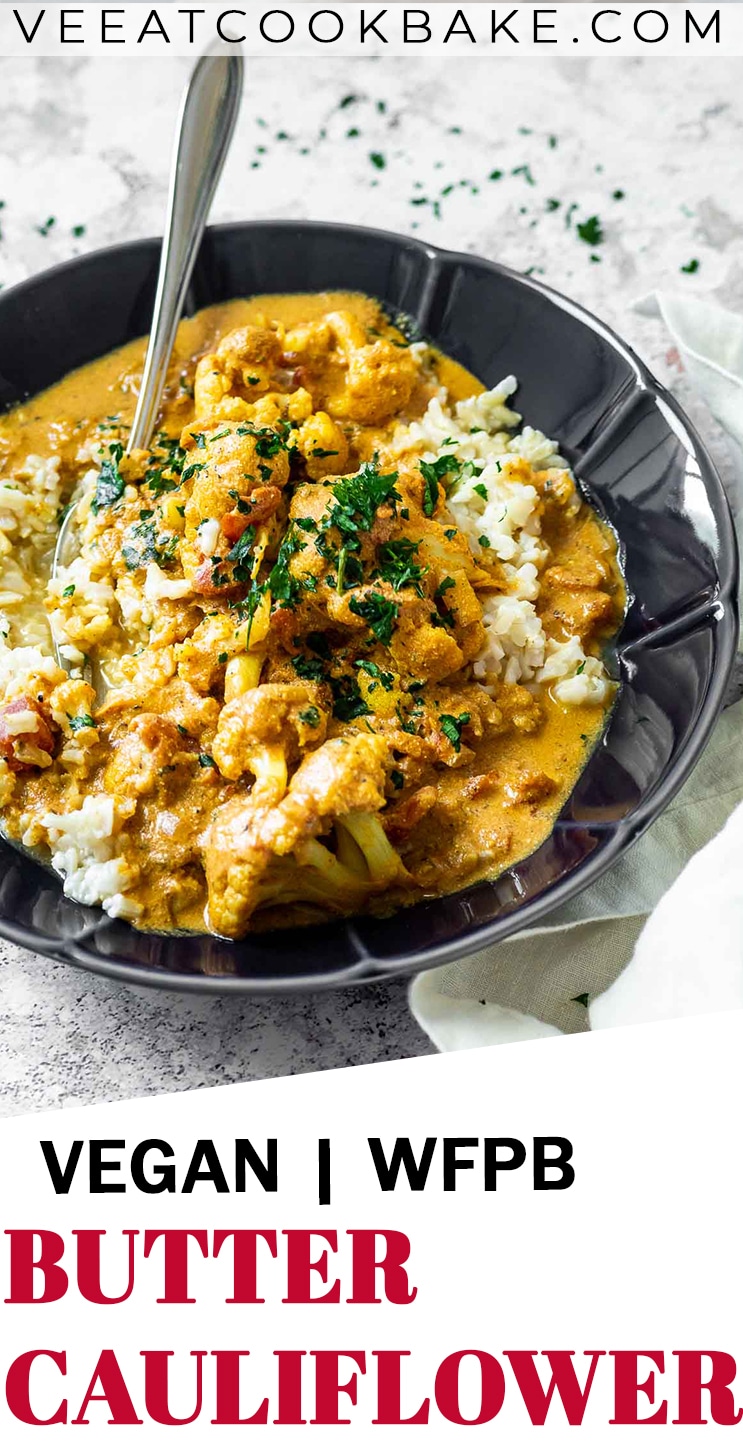 Vegan Butter chicken with rice in a bowl with text.