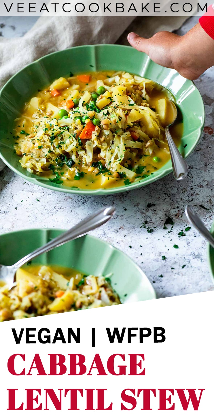 A bowl with vegan lentil stew and text