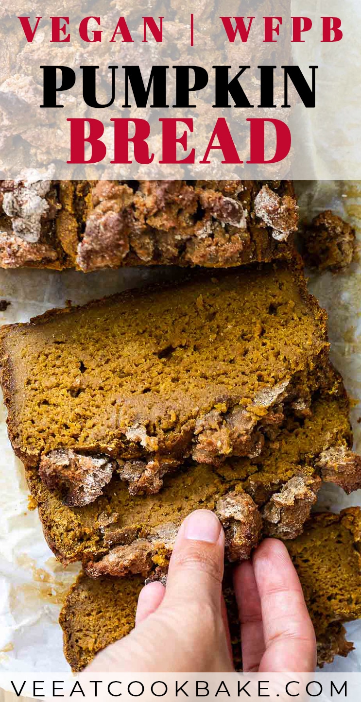 Graphic of vegan pumpkin bread with text