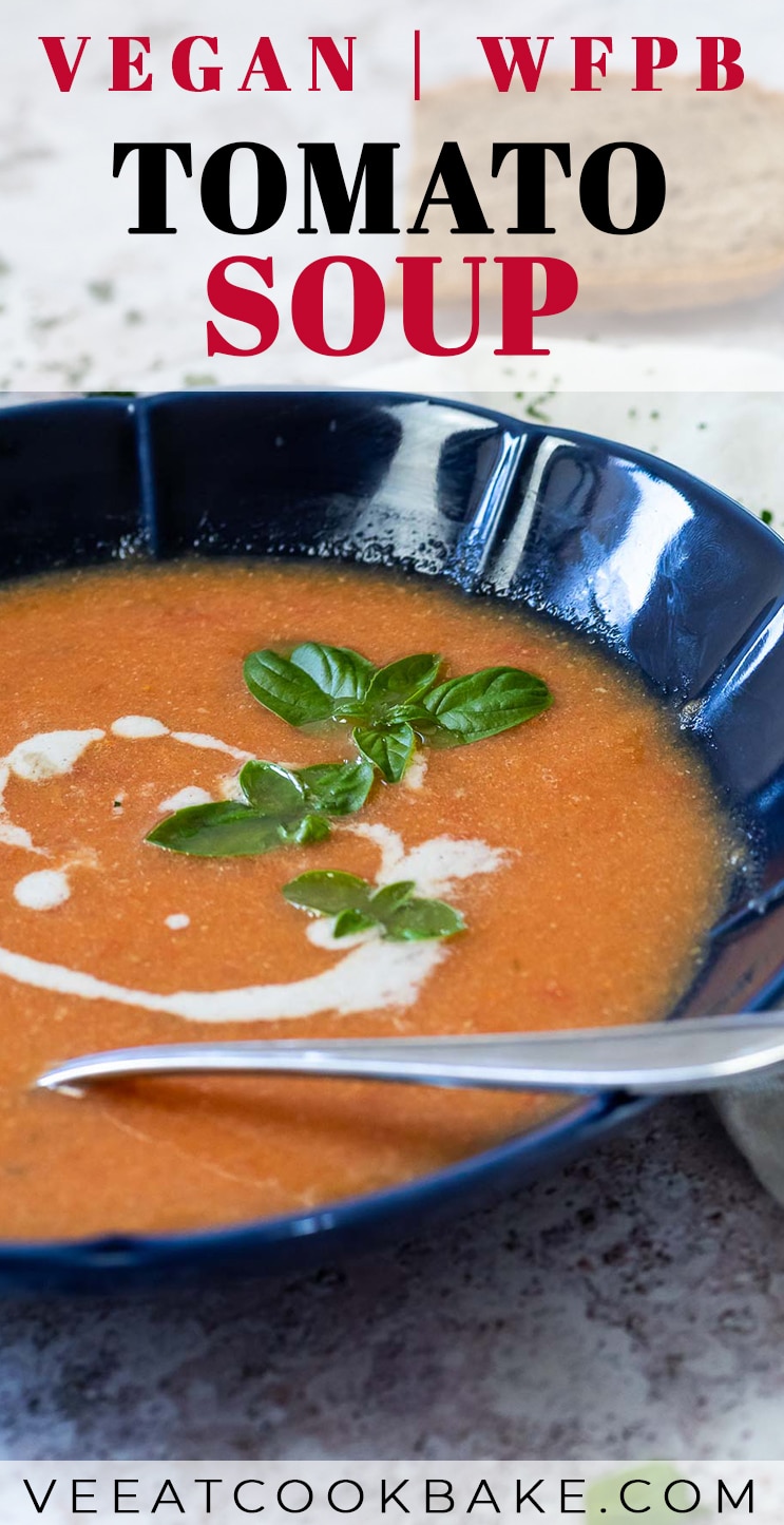 Graphic of vegan tomato soup with text