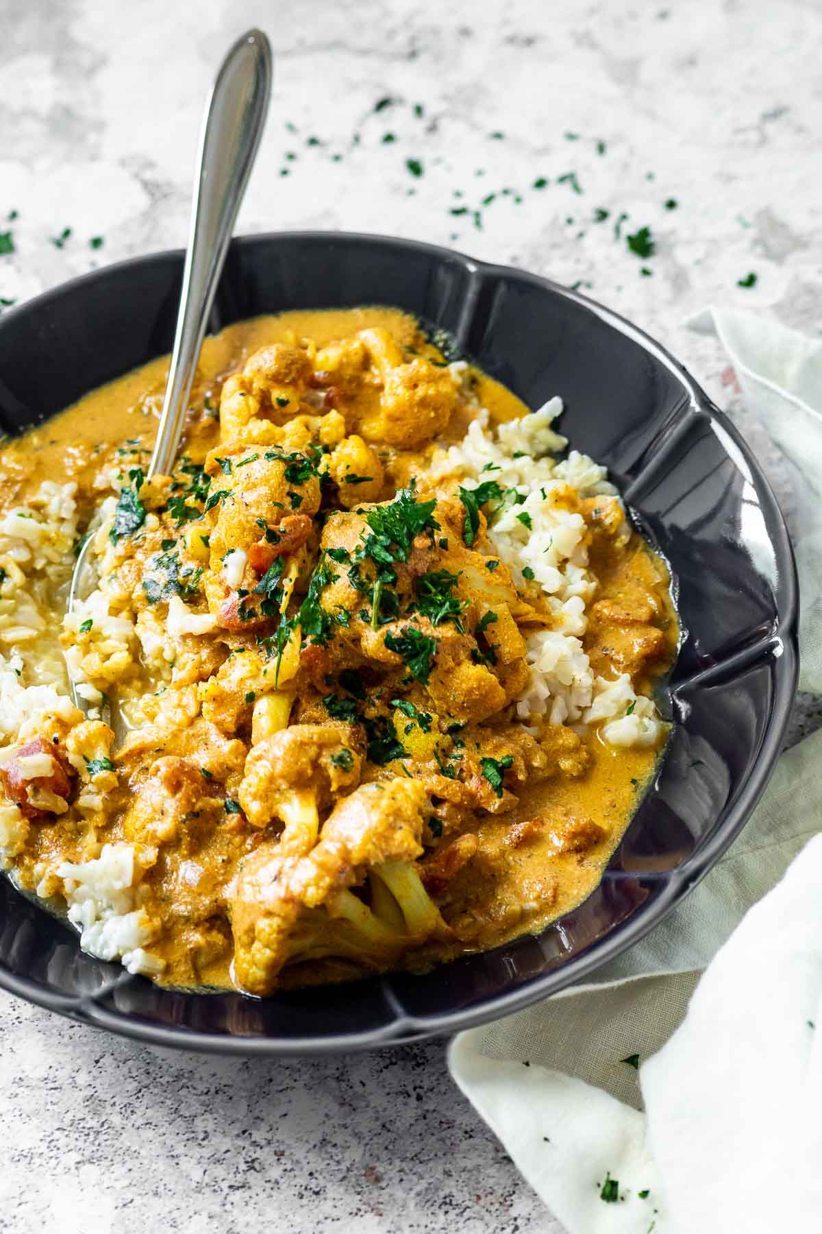 A bowl with vegan butter chicken