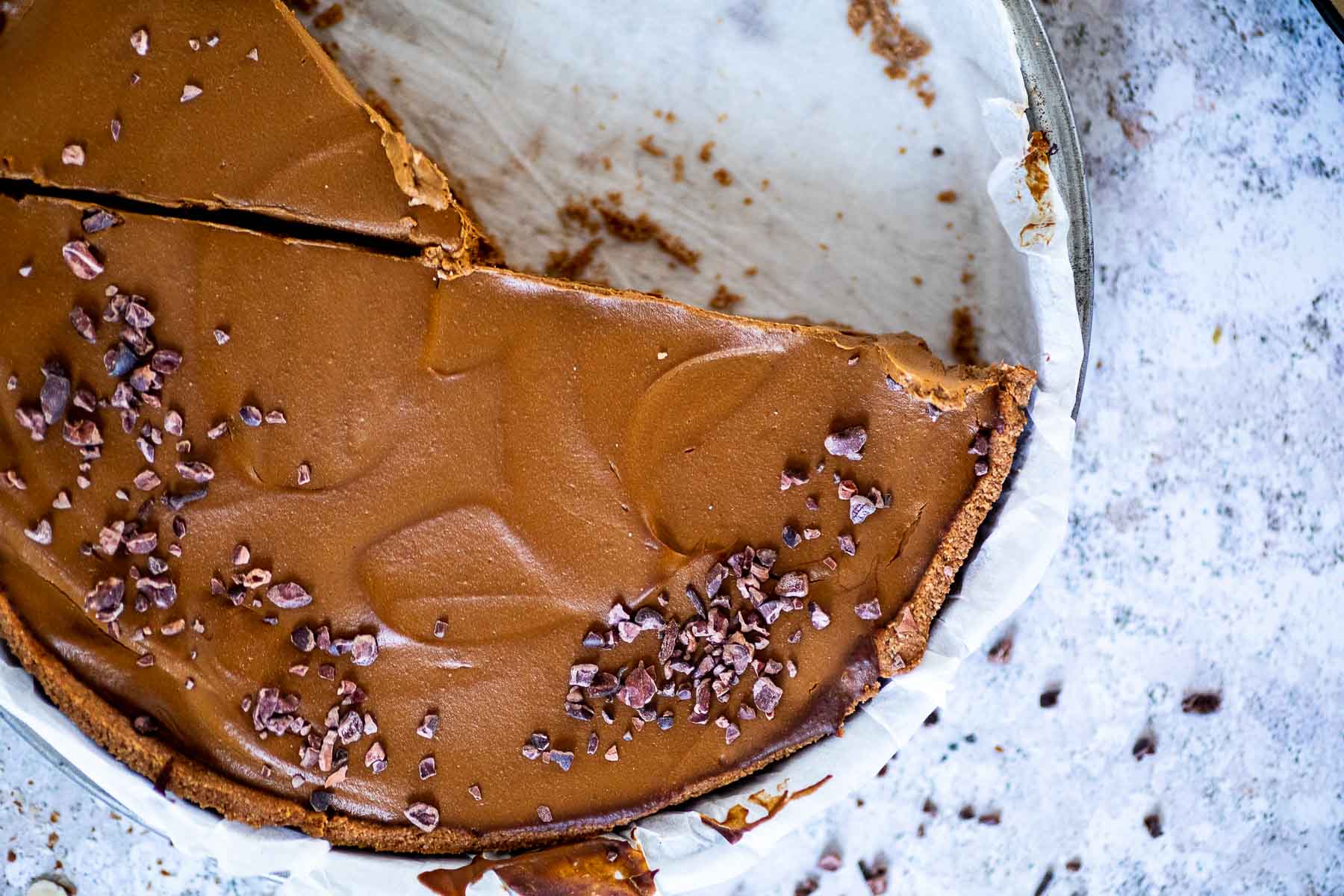 Close up of a vegan chocolate pie