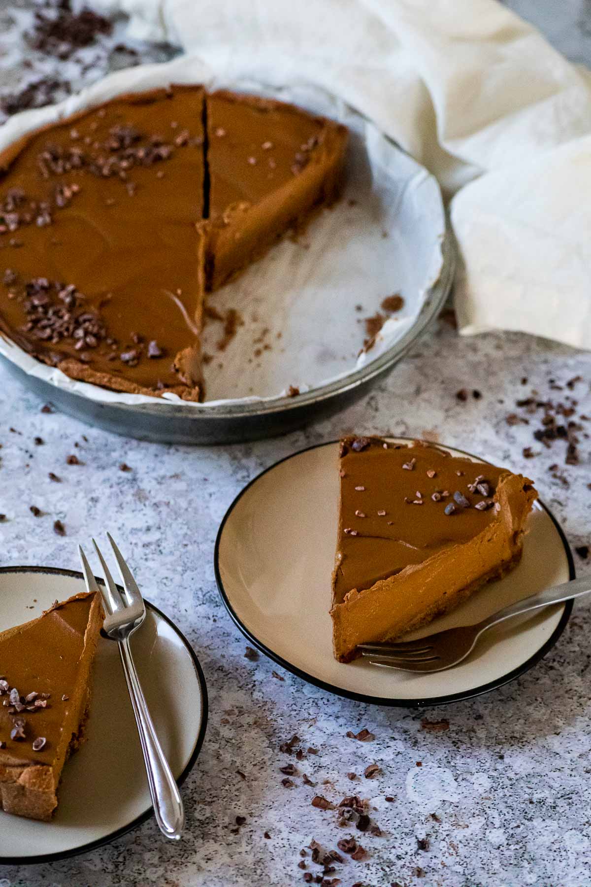 Zwei kleine Teller mit einem Stück veganen Schokoladenkuchen und im Hintergrund Kuchenform mit Schokoladenkuchen.