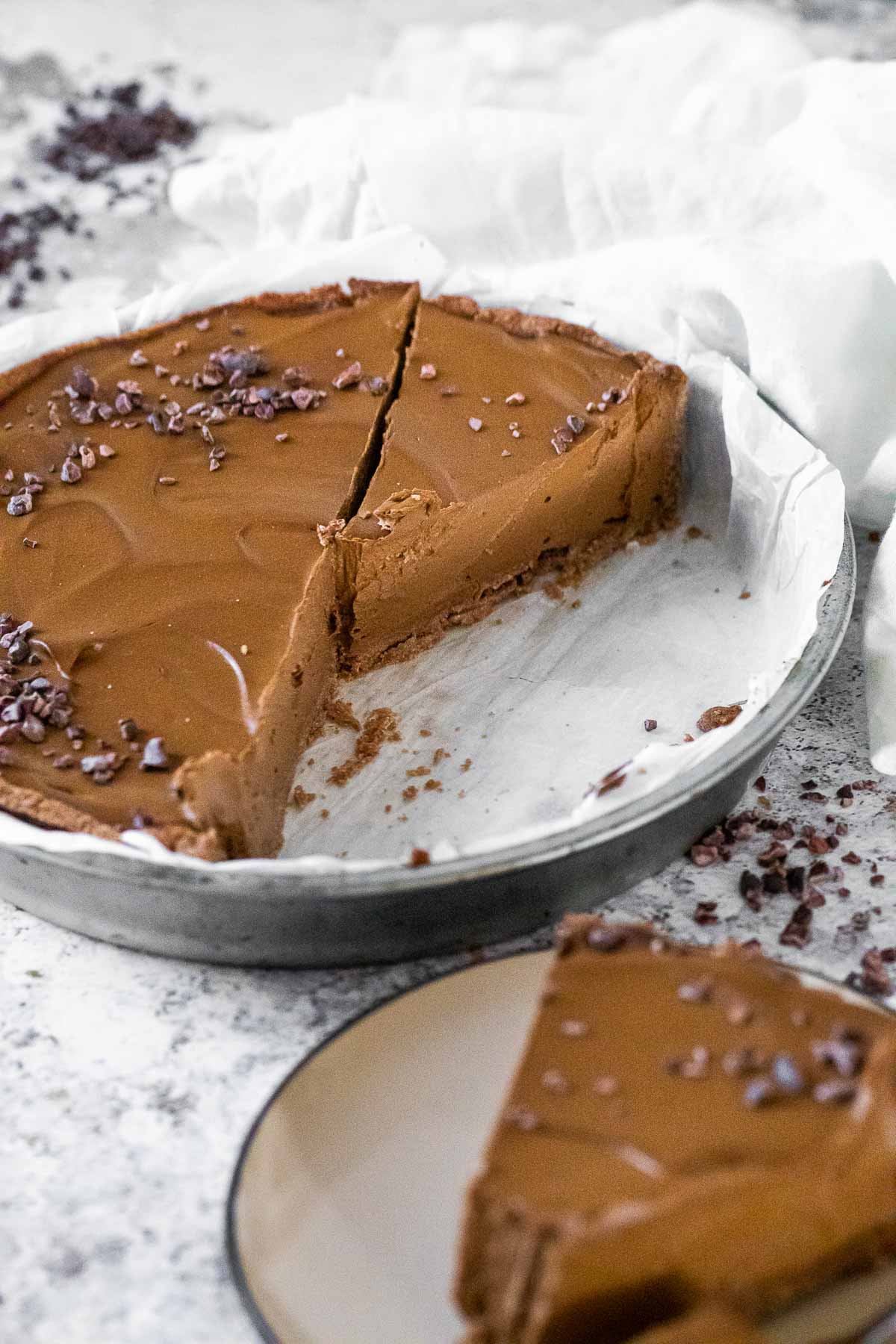 Close up of the chocolate pie in a pan.