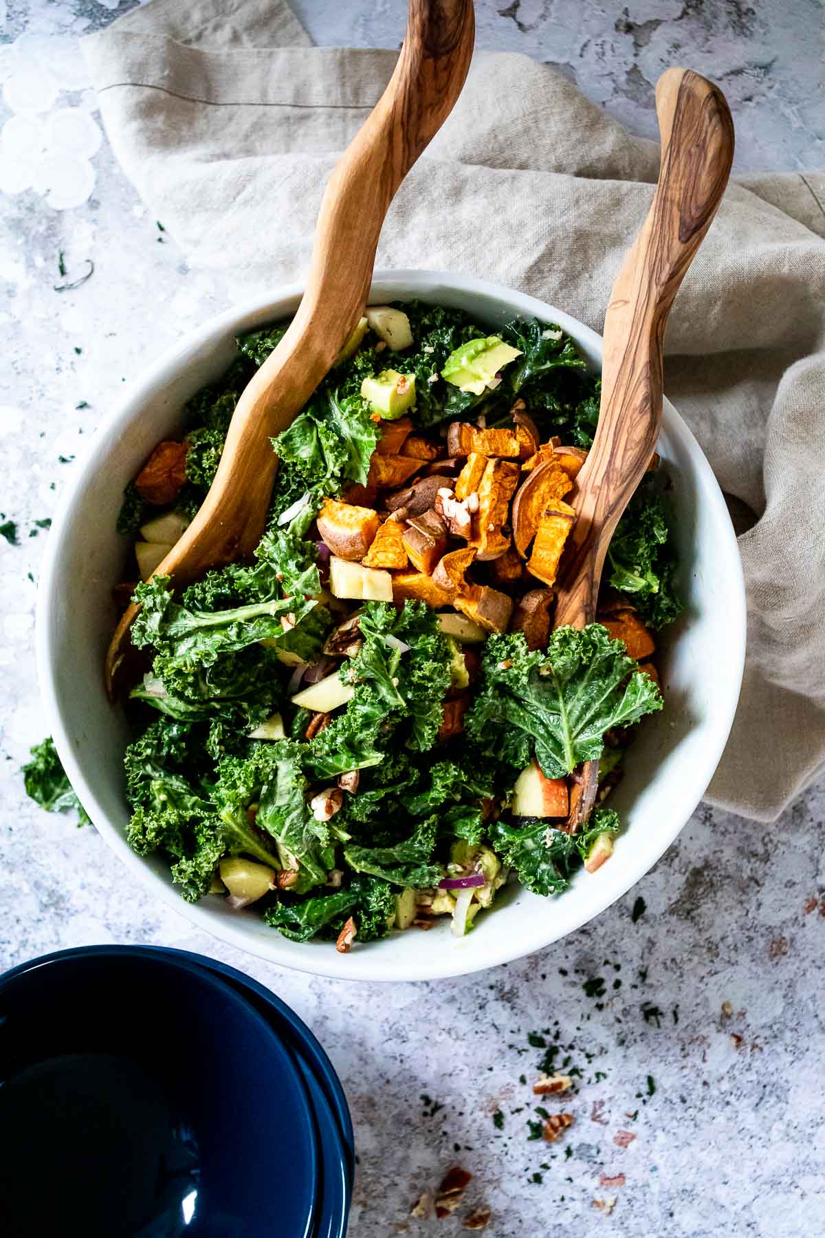 Bird View of a big bowl of oil free kale salad