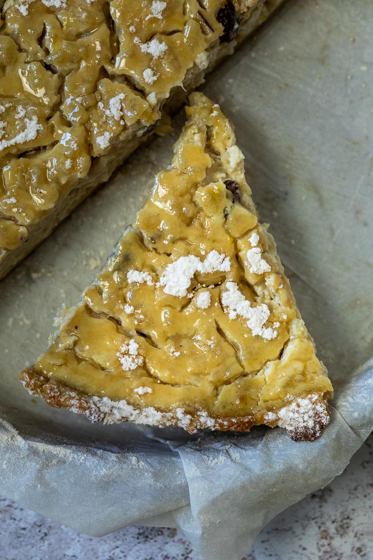 Close up of a piece vegan rice pudding pie.