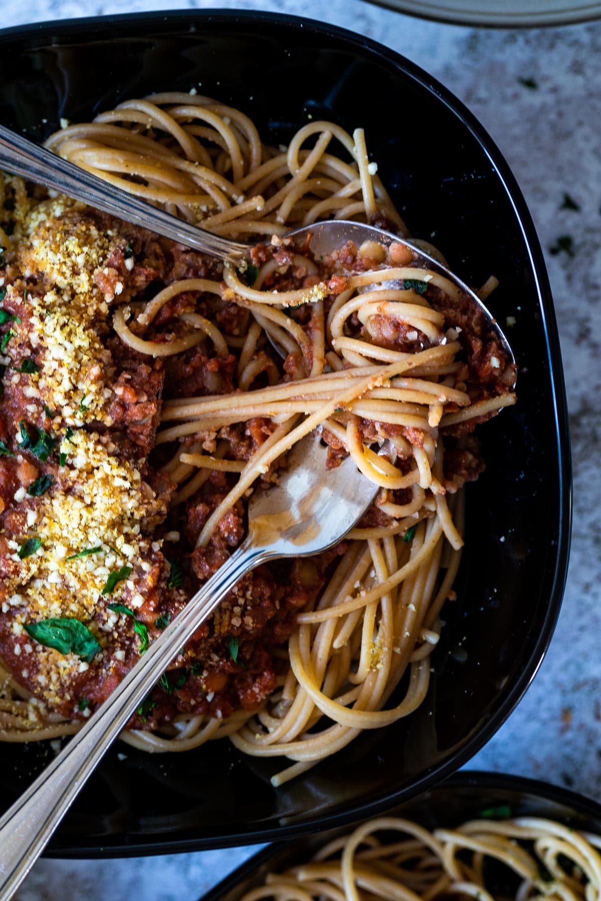 Close up of a bowl with vegan spaghetti bolognese