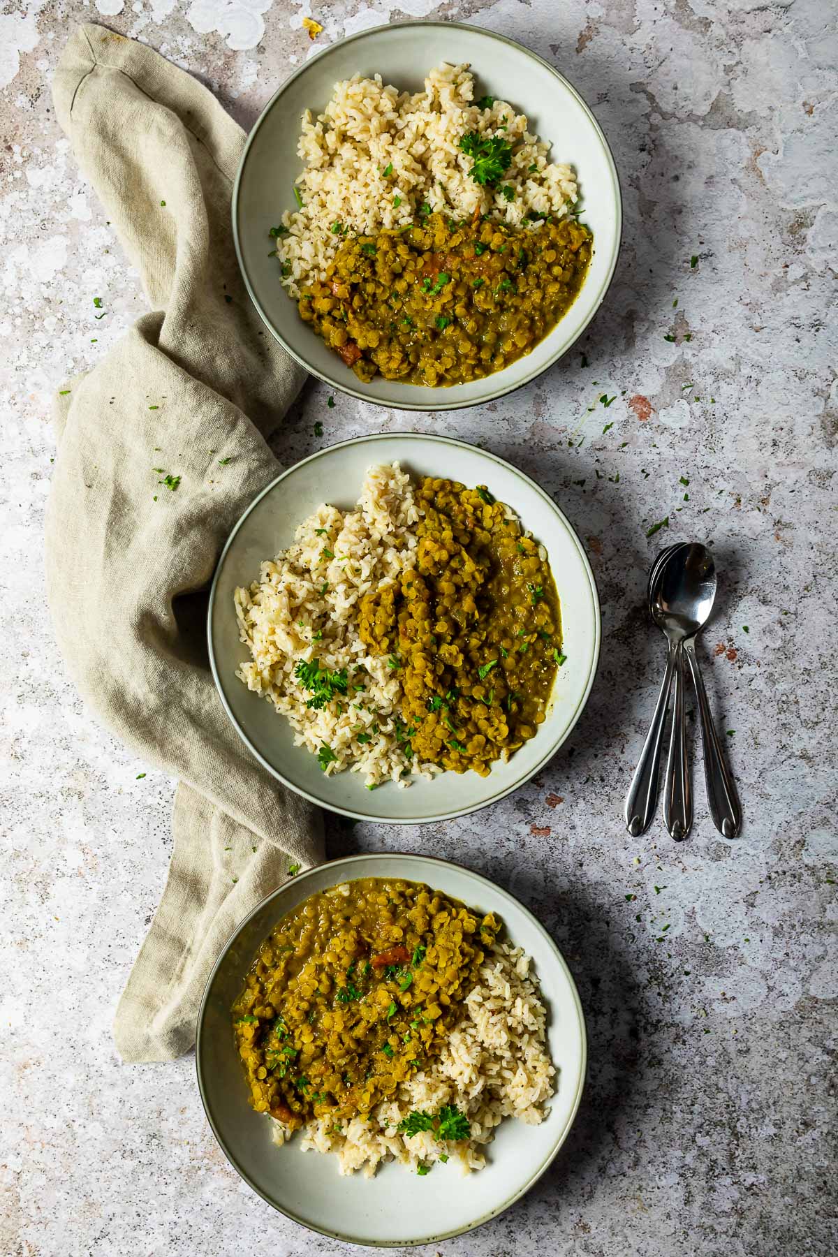 3 Bowls of vegan red lentil dal