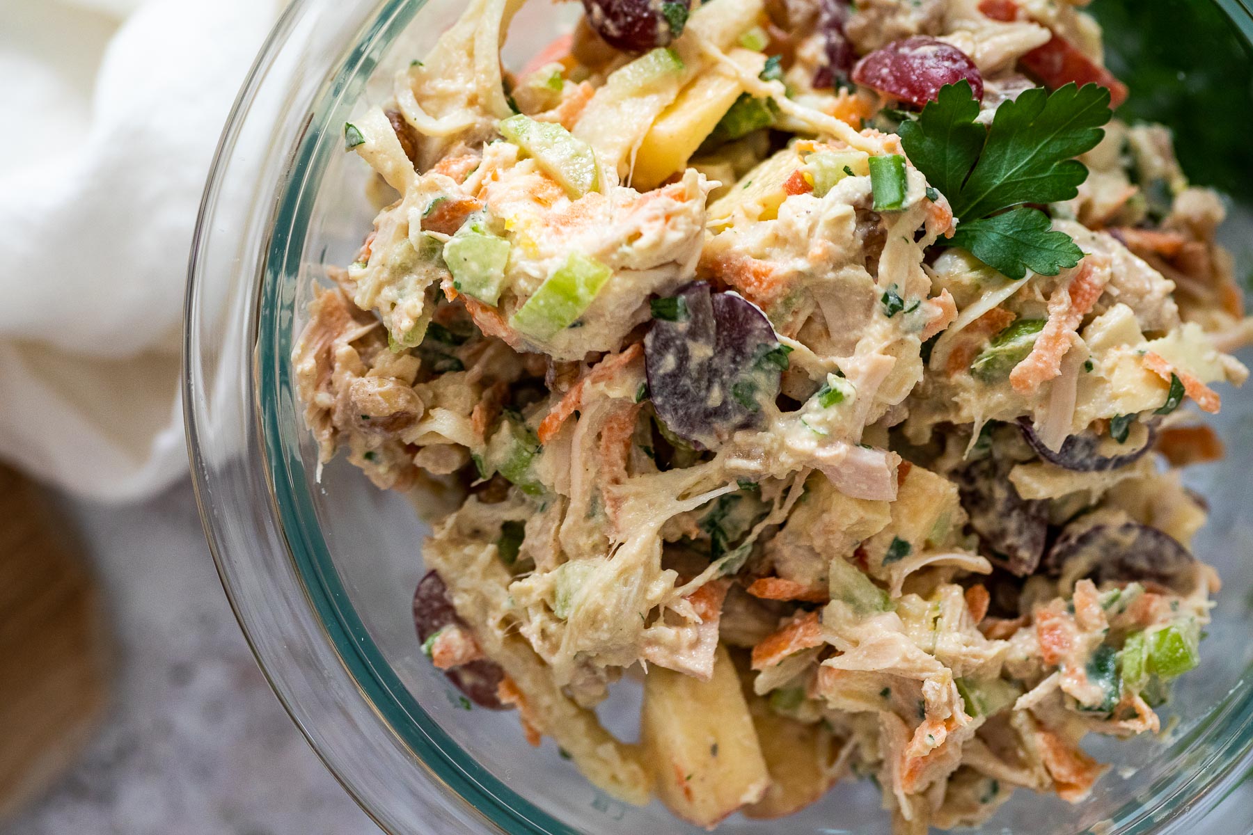 Close up of bowl of vegetable chicken salad