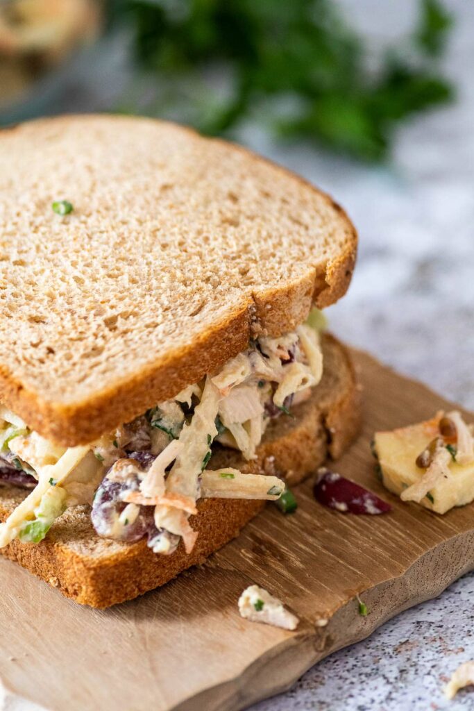 Close up of the vegan chicken salad sandwich