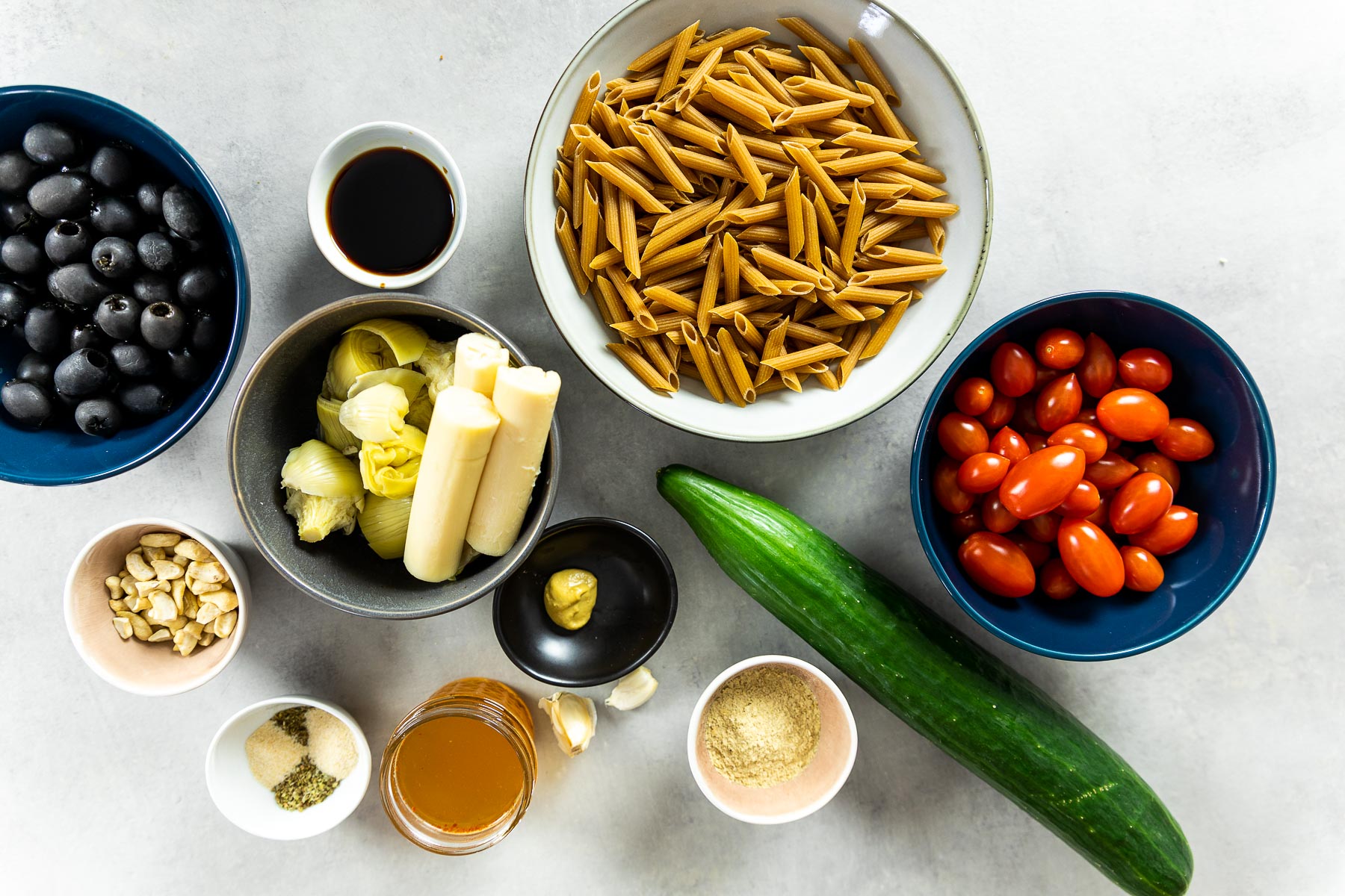 Ingredient shot of the vegan pasta salad