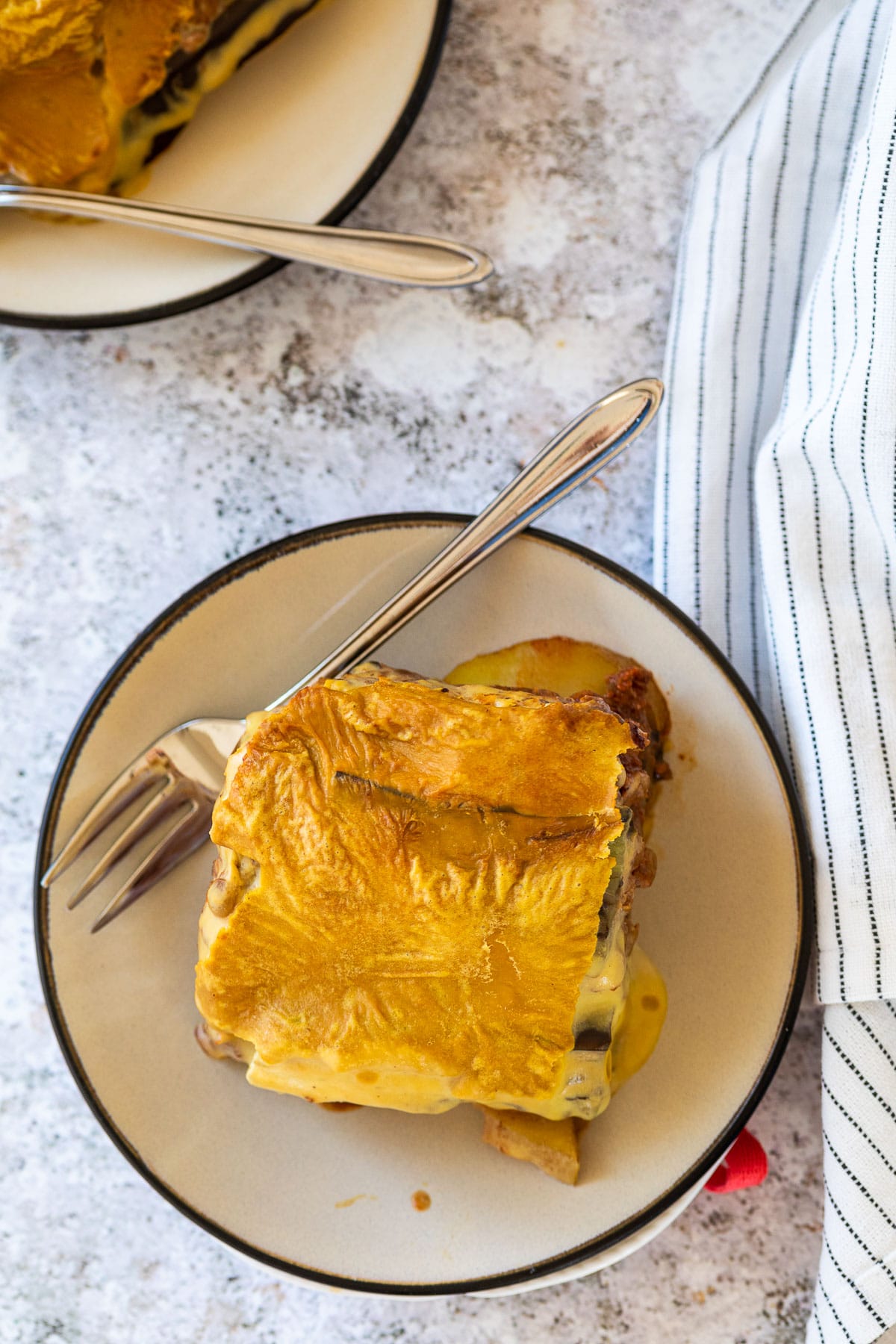 Bird view of a vegan moussake slice