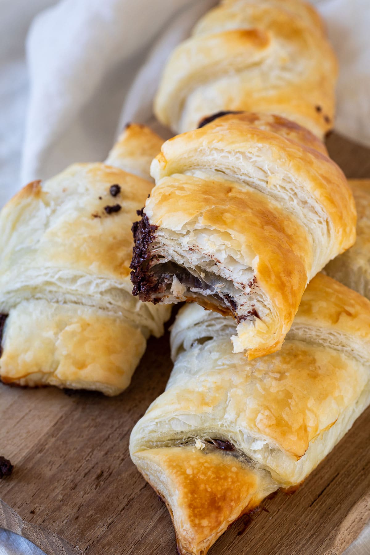 Close up of the vegan chocolate croissants with pastry dough