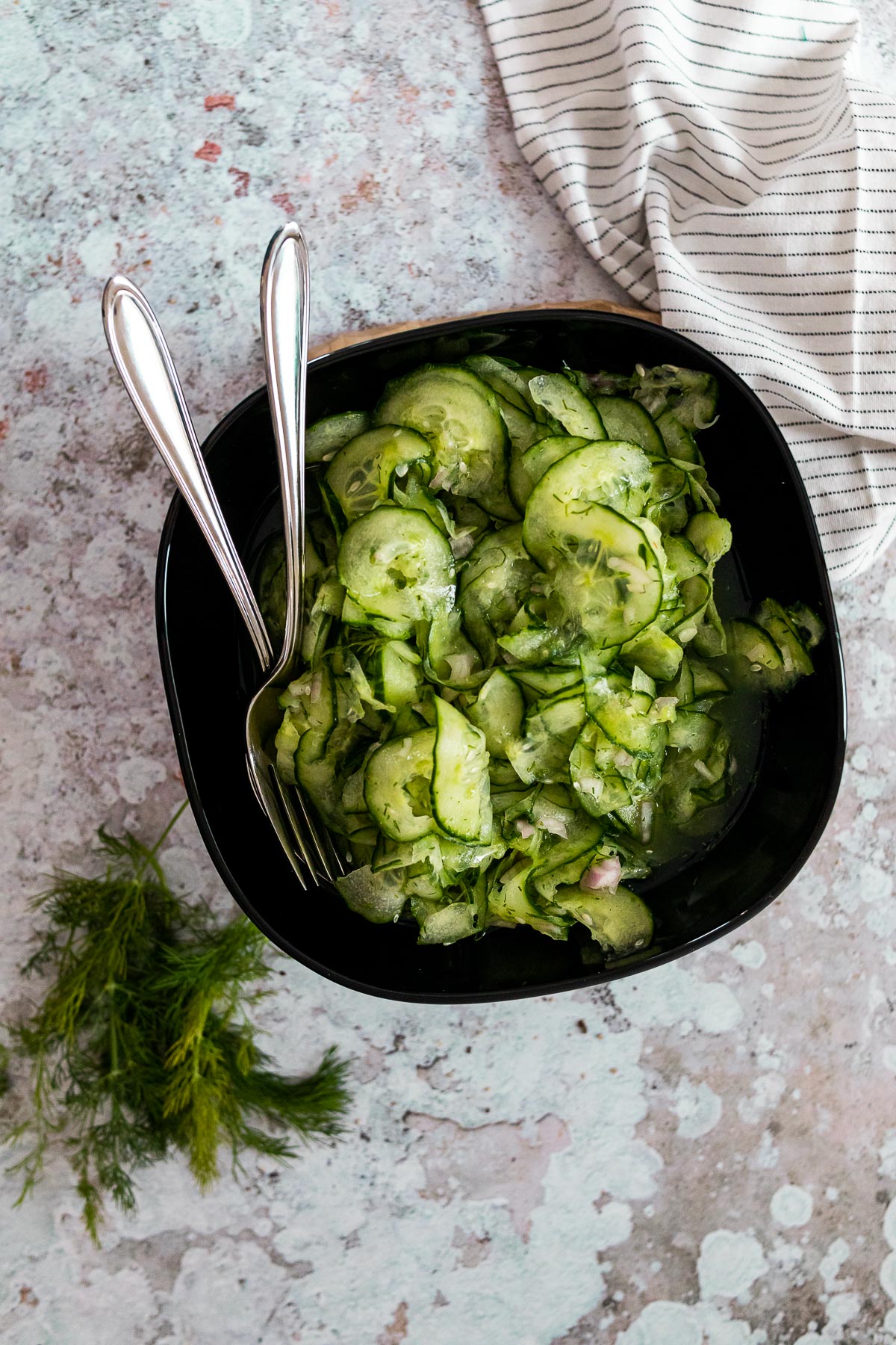 Bird View of a bowl of cucumber salad