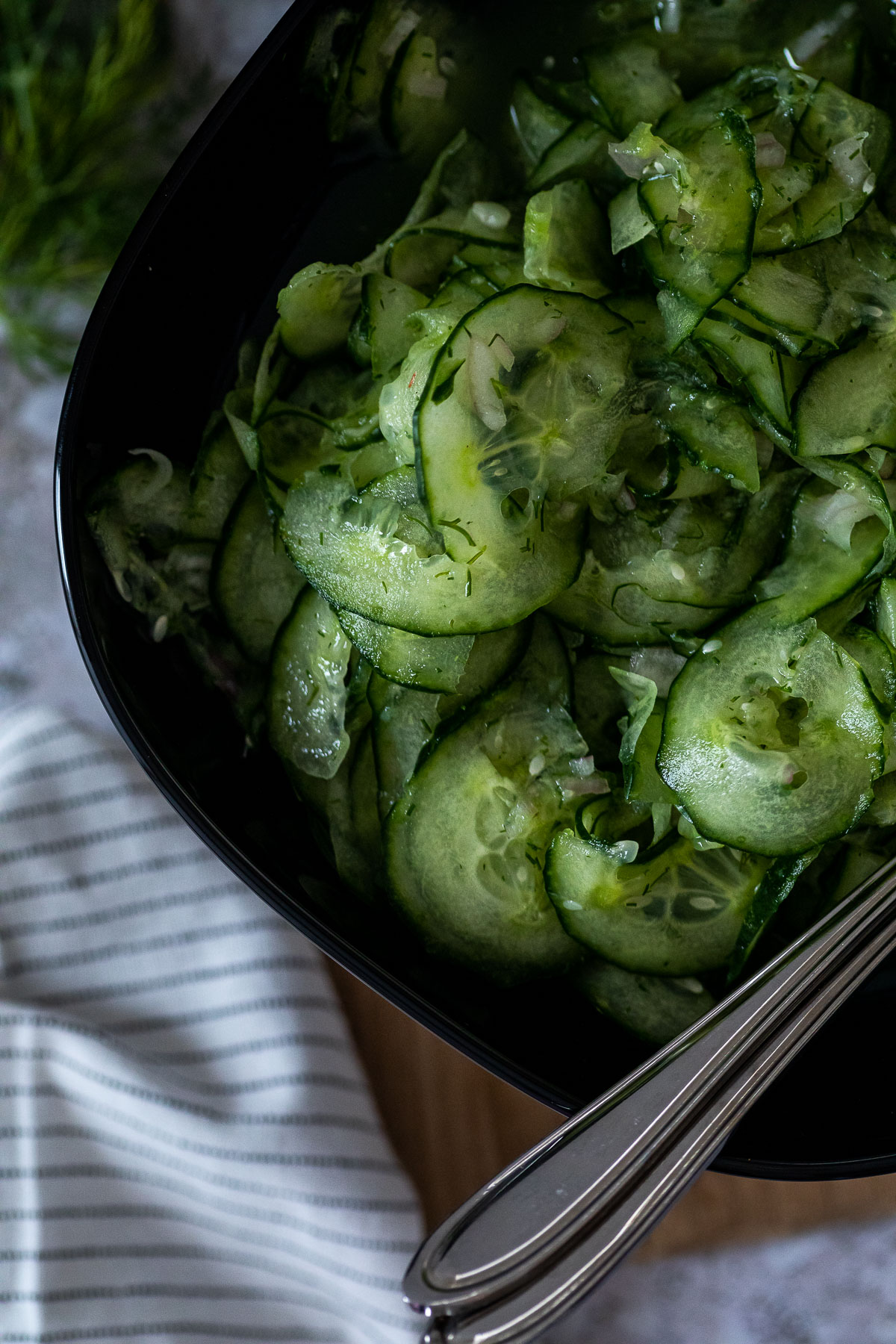 Close up of an oil free cucumber salad