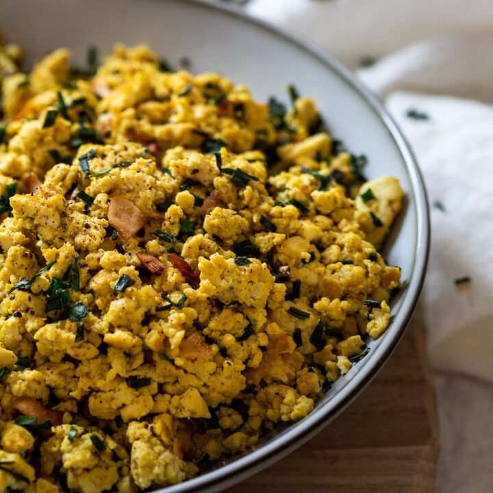 Close up of the vegan scrambled eggs made with tofu and spices