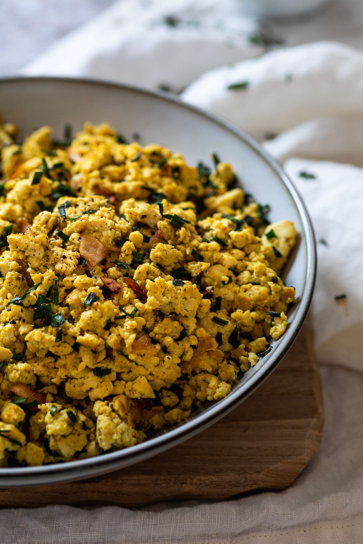 Close up of the vegan scrambled eggs made with tofu and spices