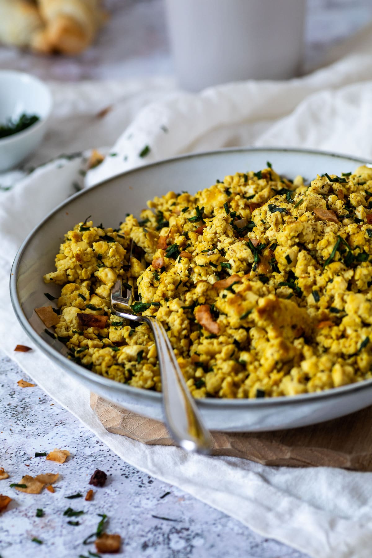 A bowl of vegan scrambled eggs with tofu