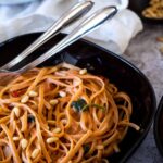 Dairy free tomato alfredo sauce served in a bowl.