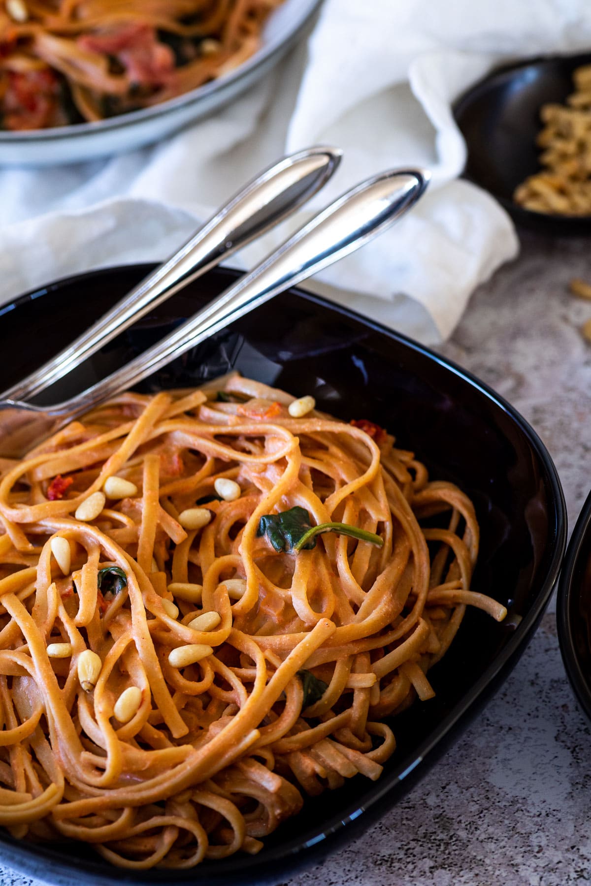 Dairy free tomato alfredo sauce served in a bowl.