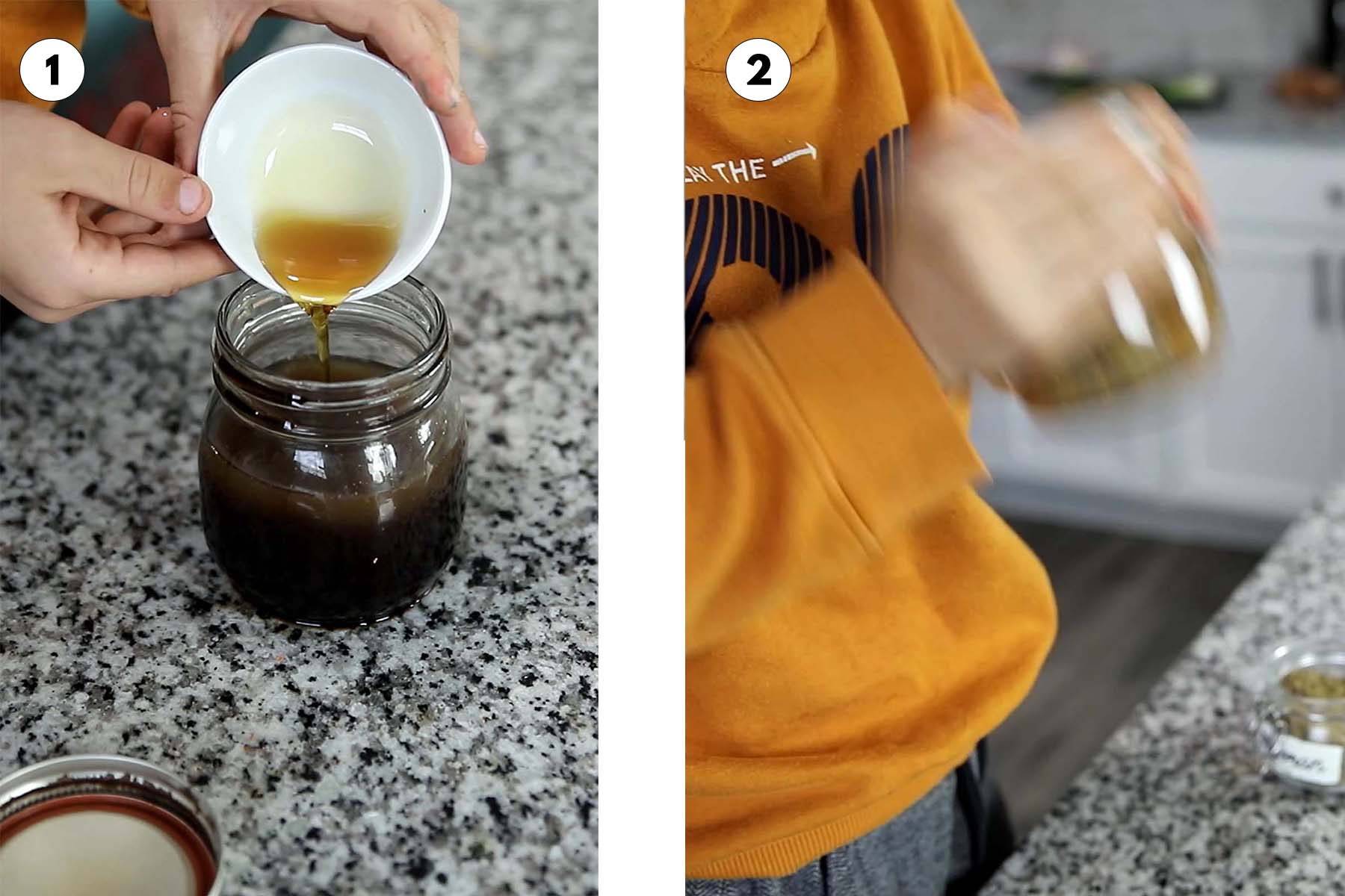 Schritt-für-Schritt-Fotos zur Herstellung des Dressings. Gießen Sie zuerst etwas Ahornsirup in das Glas. Zweites Foto beim Schütteln des Glases.