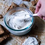 close up of the jar with vegan cream cheese