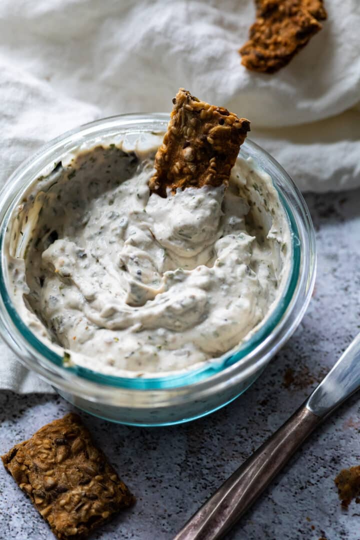 View of Vegan Olive Cream Cheese Greek Style (oil free) - Ve Eat Cook Bake